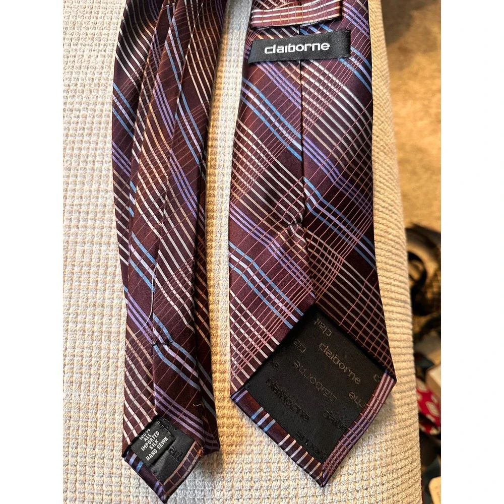 Claiborne Mens Silk Tie Burgundy Blue‎ Purple Plaid Geometric Pattern Hand Sewn